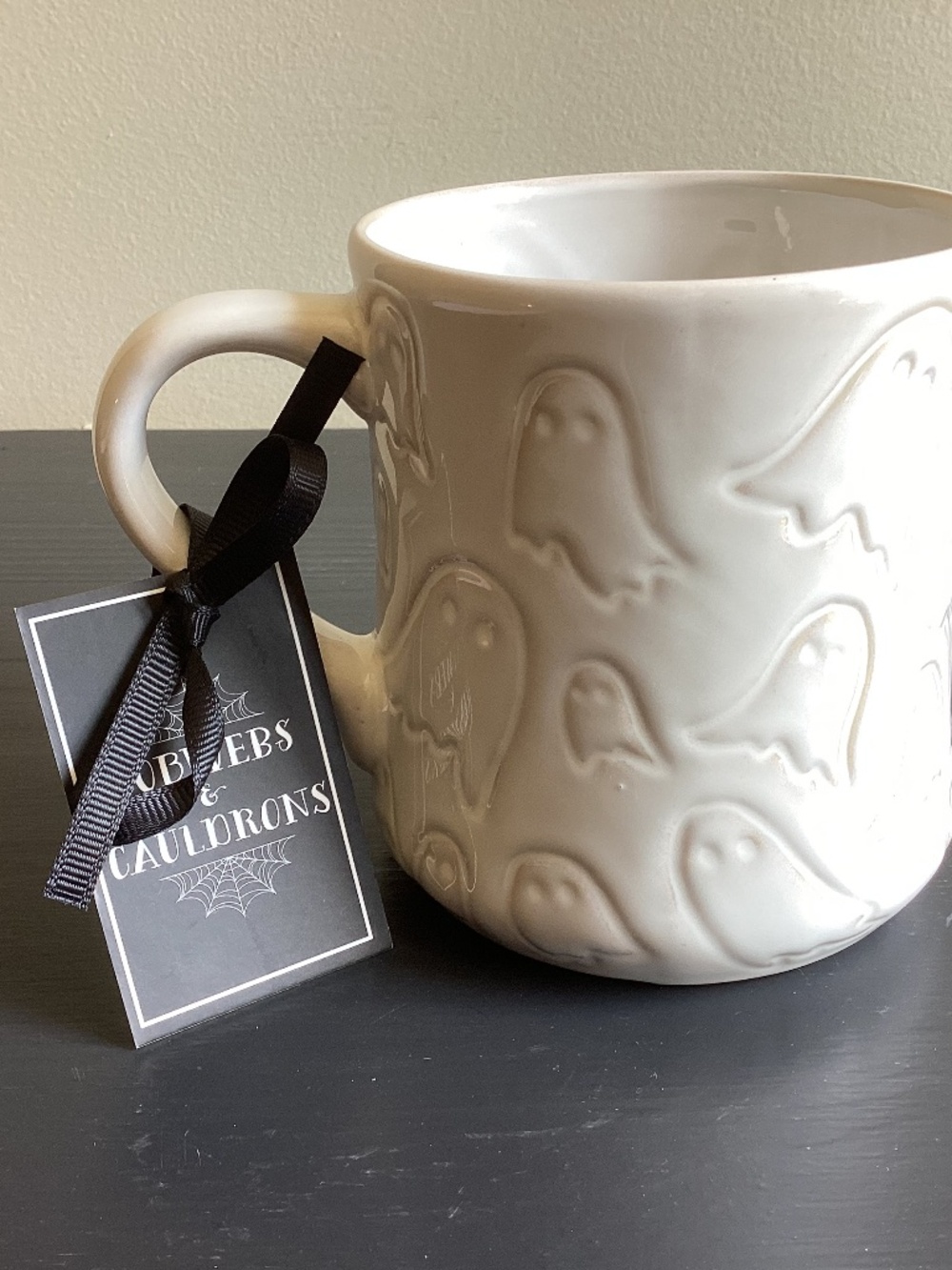 NWT Cobwebs & Cauldrons White Ghosts Embossed Ceramic Coffee Mugs Beige 20oz
